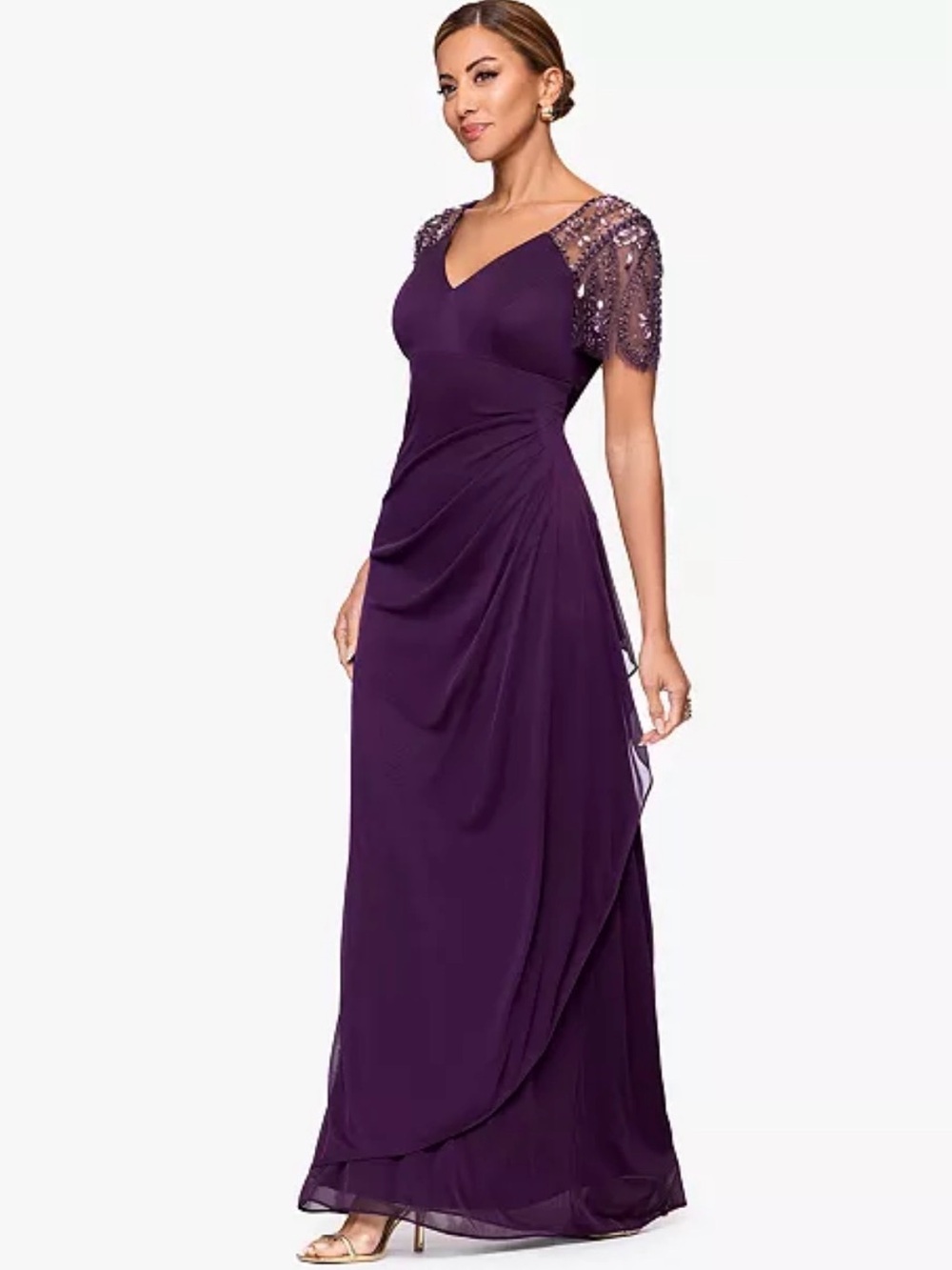 XSCAPE Lana Beaded Cascade Dress Plum/Purple Size 10 Wedding Party New with Tags